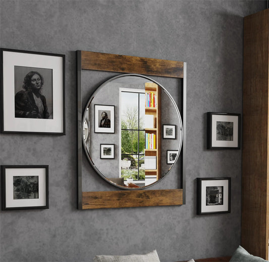 Industrial Metal Wood Frame  Mirror