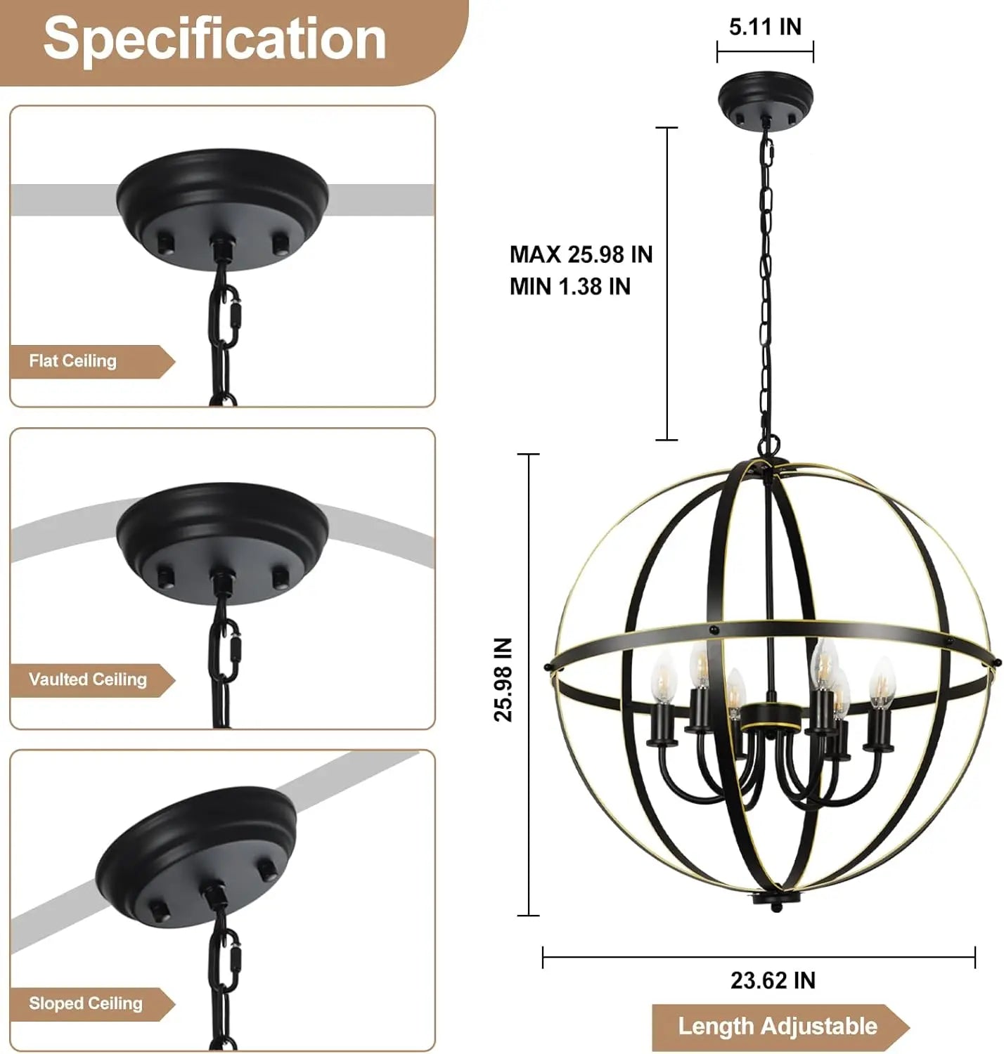 Black and Gold Industrial Sphere Pendant Lighting