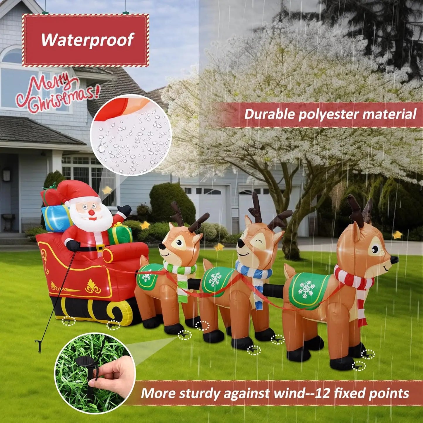 Inflatable Santa Claus on Sleigh and 3 Reindeer