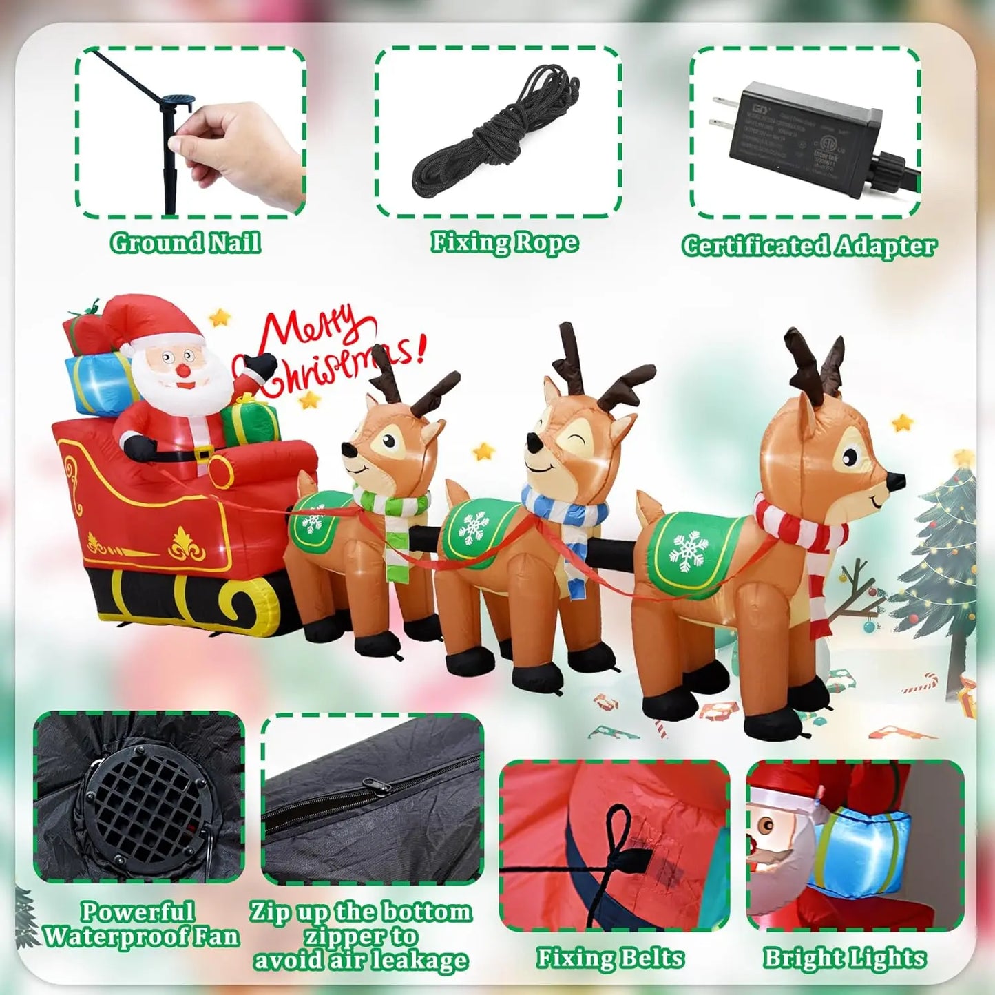 Inflatable Santa Claus on Sleigh and 3 Reindeer