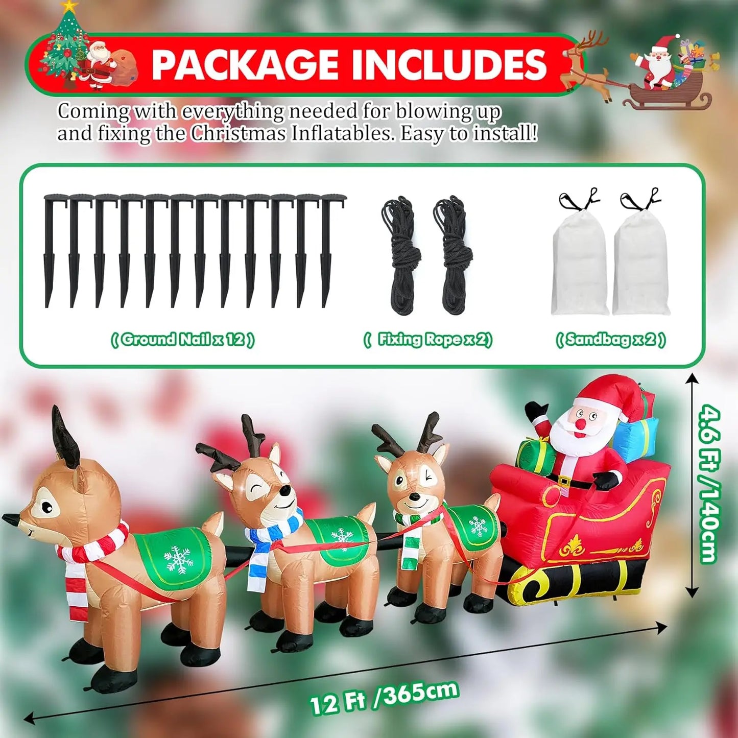 Inflatable Santa Claus on Sleigh and 3 Reindeer