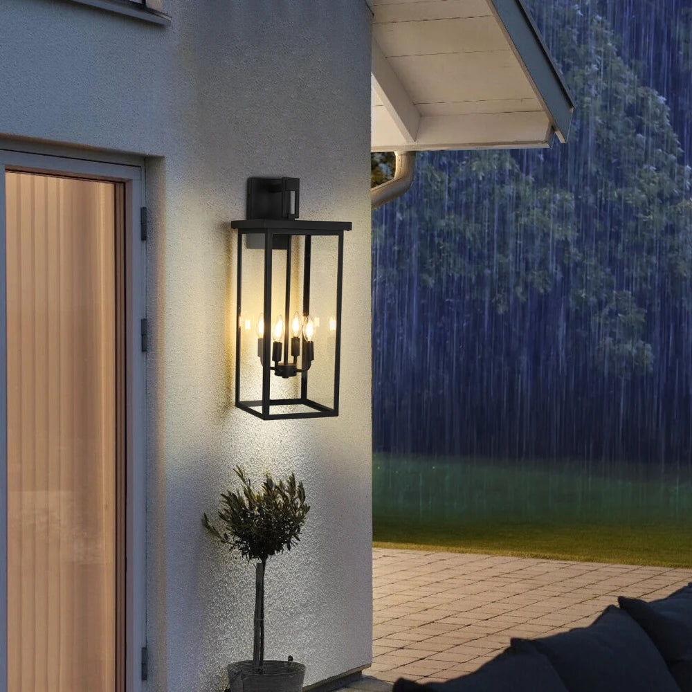 4-Light Black Outdoor Wall Lantern with Motion Sensor