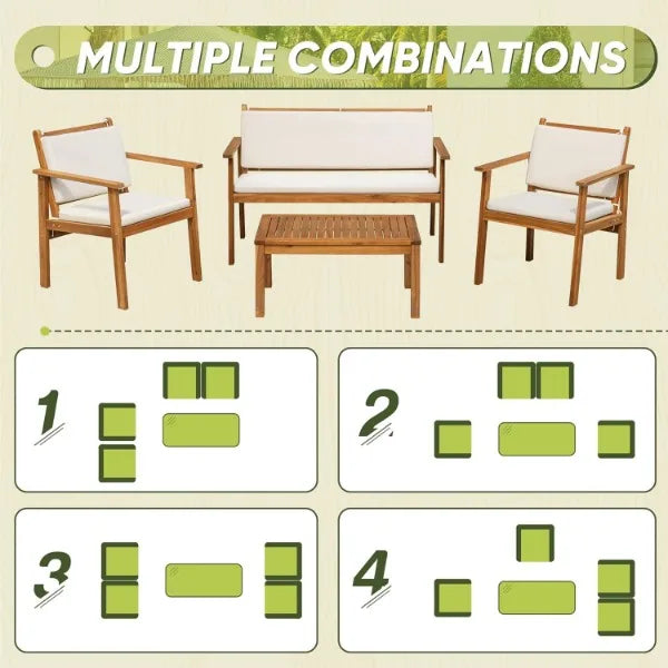 4 Piece Outdoor Acacia Wood Patio Furnitue